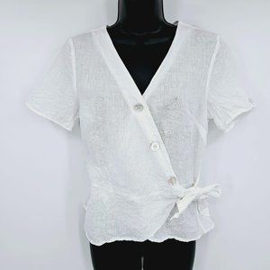 H&M Top 100% Linen Peplum Wrap 4 White Cropped Mother of Pearl Buttons Tie Waist